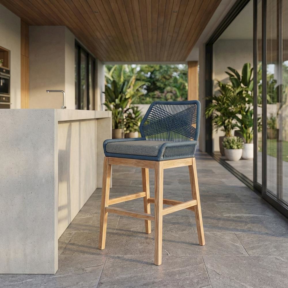 Teak And Rope Outdoor Counter Stool With Weather-Resistant Finish For Patio. Picture 2