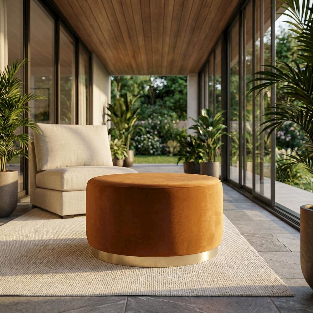 Performance velvet outdoor ottoman with round design and cushioned top. Picture 2