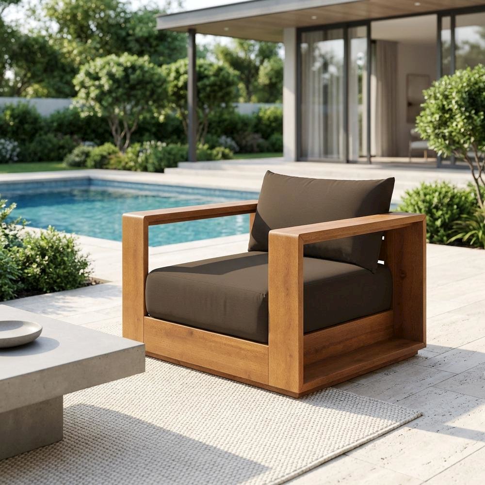 Outdoor Patio Acacia Wood Lounge Chair with Armrests and Comfort Seat. Picture 3