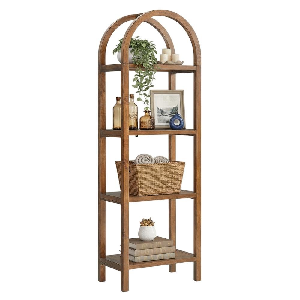 Tall brown arched bookshelf with engineered wood frame for stylish storage. Picture 4