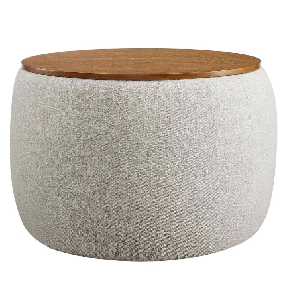 Woven Heathered Fabric Upholstered Storage Ottoman, Neutral Tone for Living Room. Picture 1