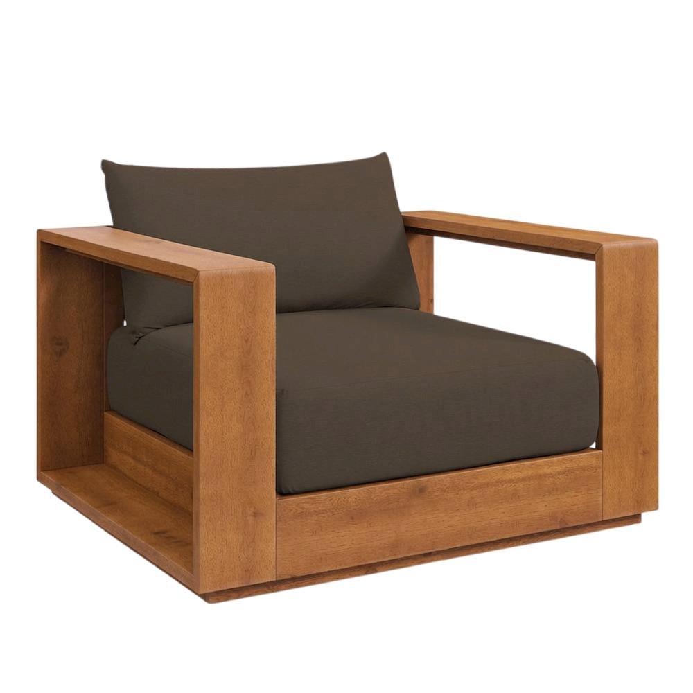 Outdoor Patio Acacia Wood Lounge Chair with Armrests and Comfort Seat. Picture 1