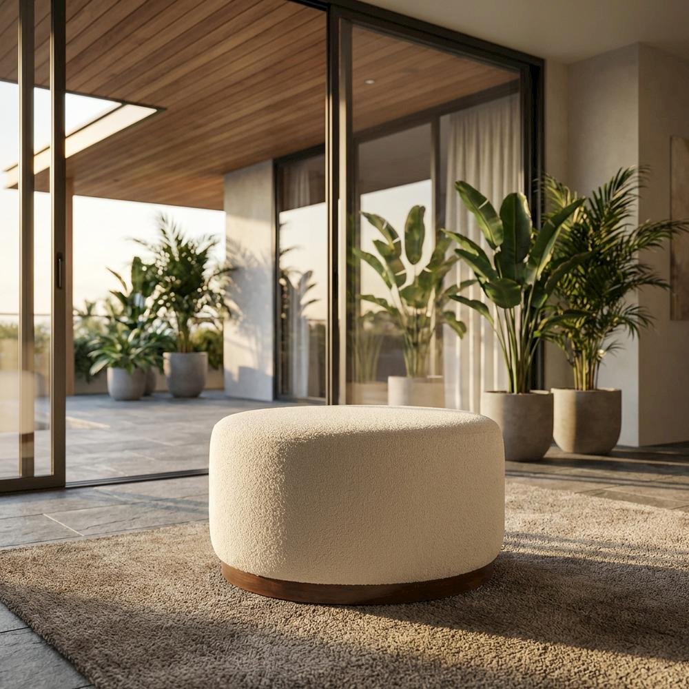 Dark beige boucle upholstered outdoor ottoman, versatile design, compact size. Picture 2