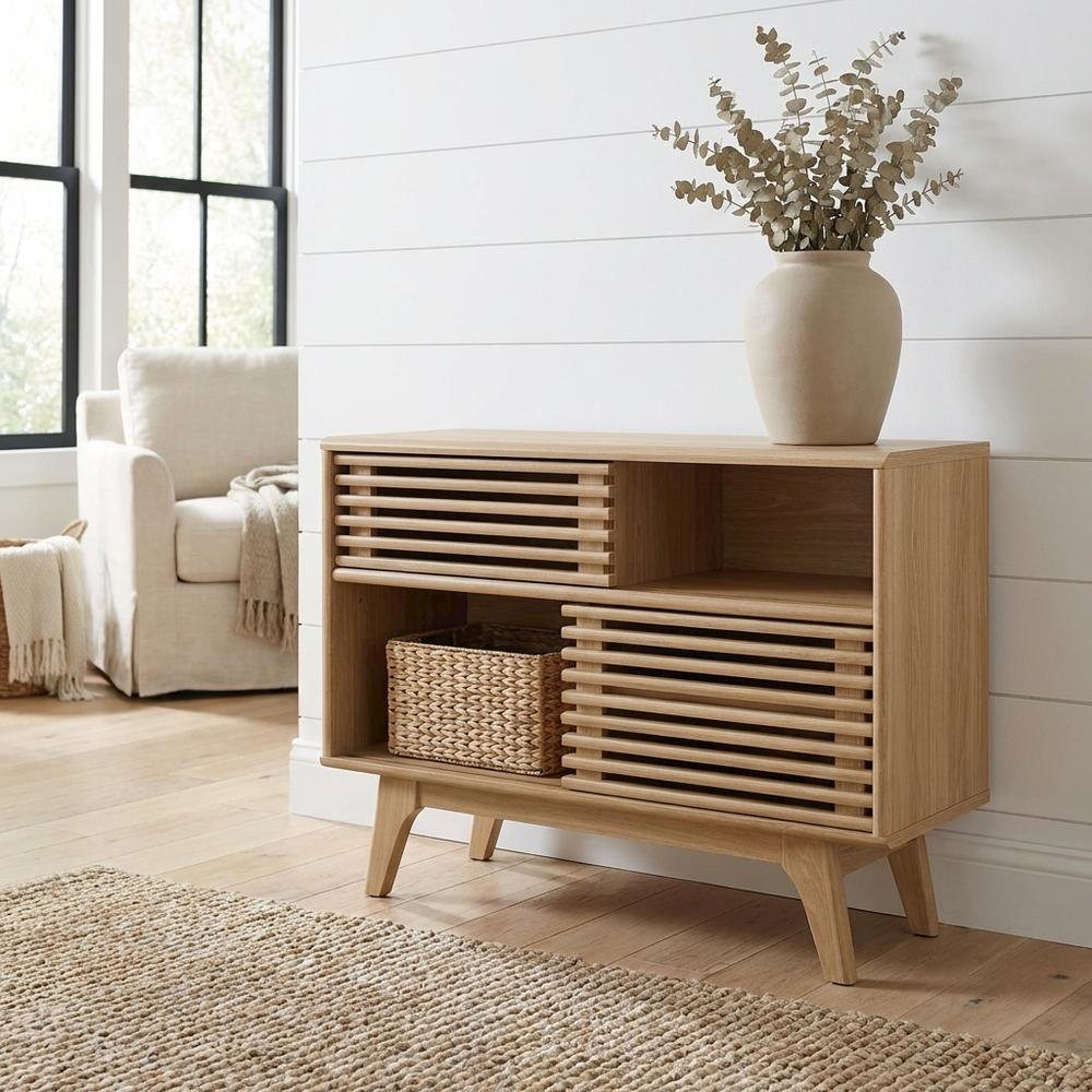 Brown wood TV stand with sleek design and sturdy construction. Picture 2