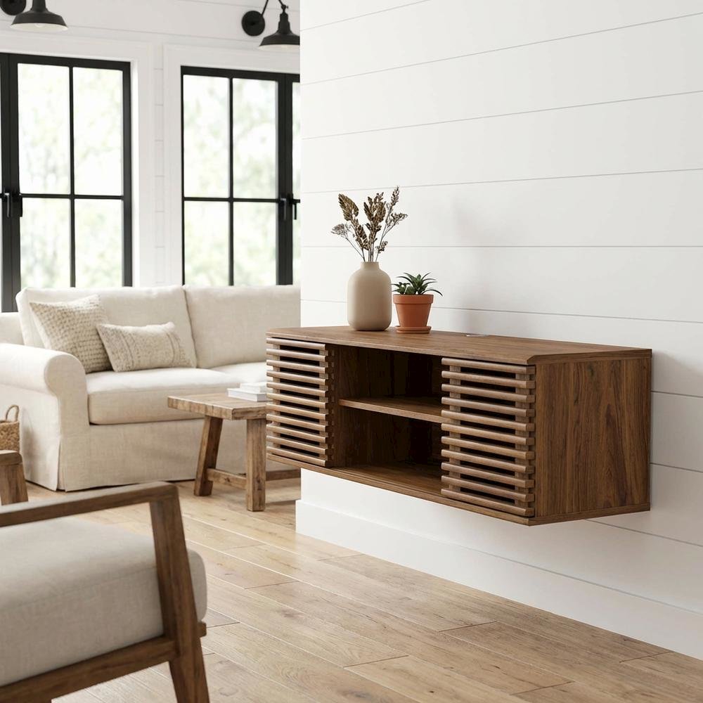 Wooden brown wall-mount TV console with sleek design and sturdy build. Picture 2