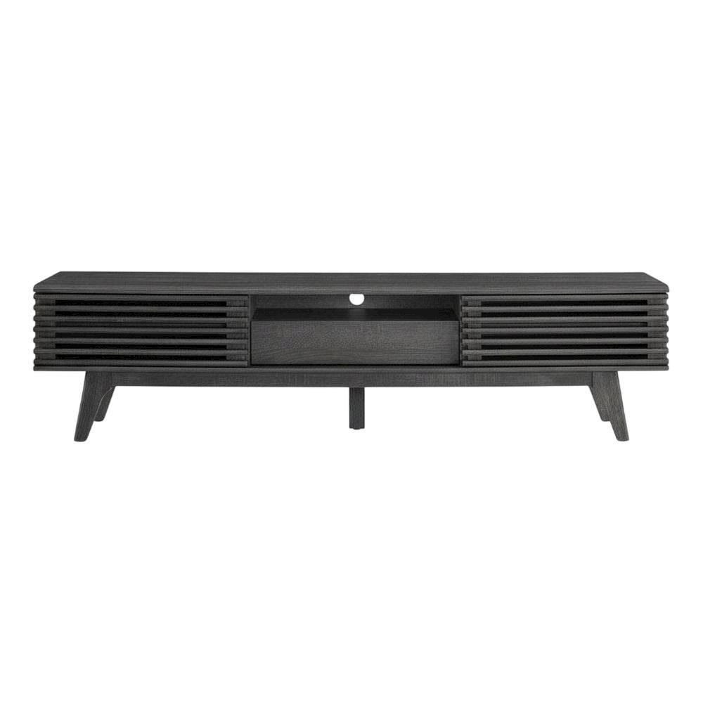 Gray wood TV stand with sleek design and spacious storage. Picture 4