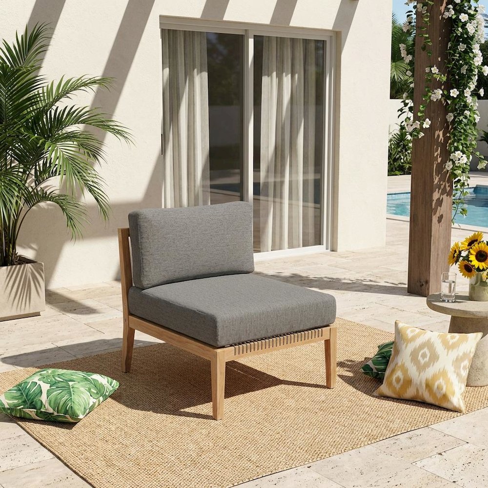 Teak Wood Outdoor Lounge Chair With Armless Design And Comfortable Cushions. Picture 2