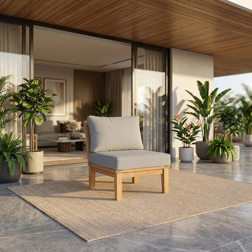 Outdoor Patio Teak Armless Sofa With Cushioned Seat And Back. Picture 2
