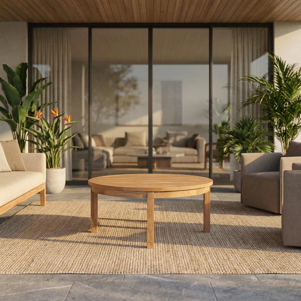 Teak Outdoor Coffee Table With Round Top And Rustic Finish. Picture 2