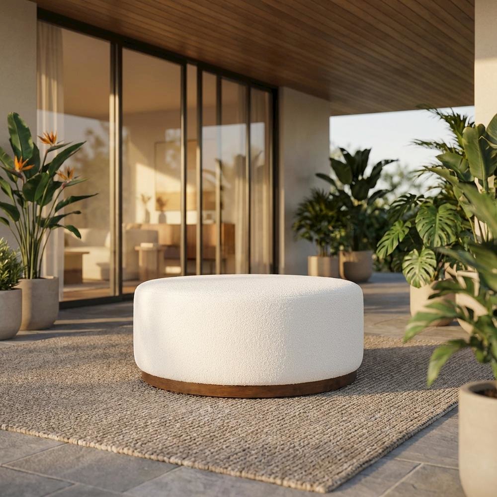 Round boucle upholstered outdoor ottoman with cushioned top, modern design. Picture 2