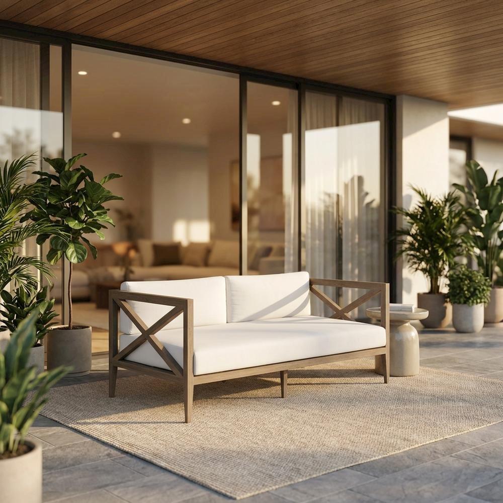 Teak Outdoor Loveseat for Patio with Armrests and Cushioned Seat. Picture 2