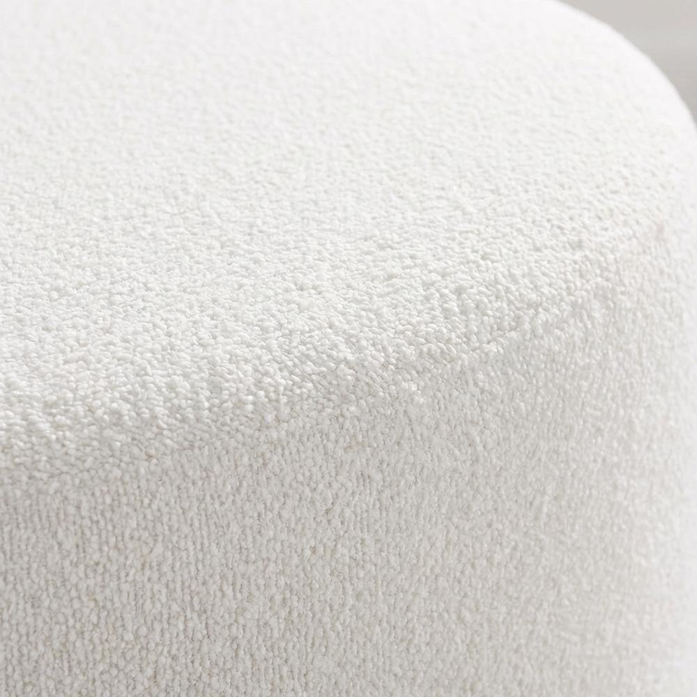 Round boucle upholstered outdoor ottoman with cushioned top, modern design. Picture 5