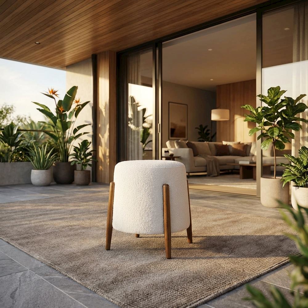 Outdoor ottoman with upholstered boucle fabric, stylish seat, square design. Picture 2