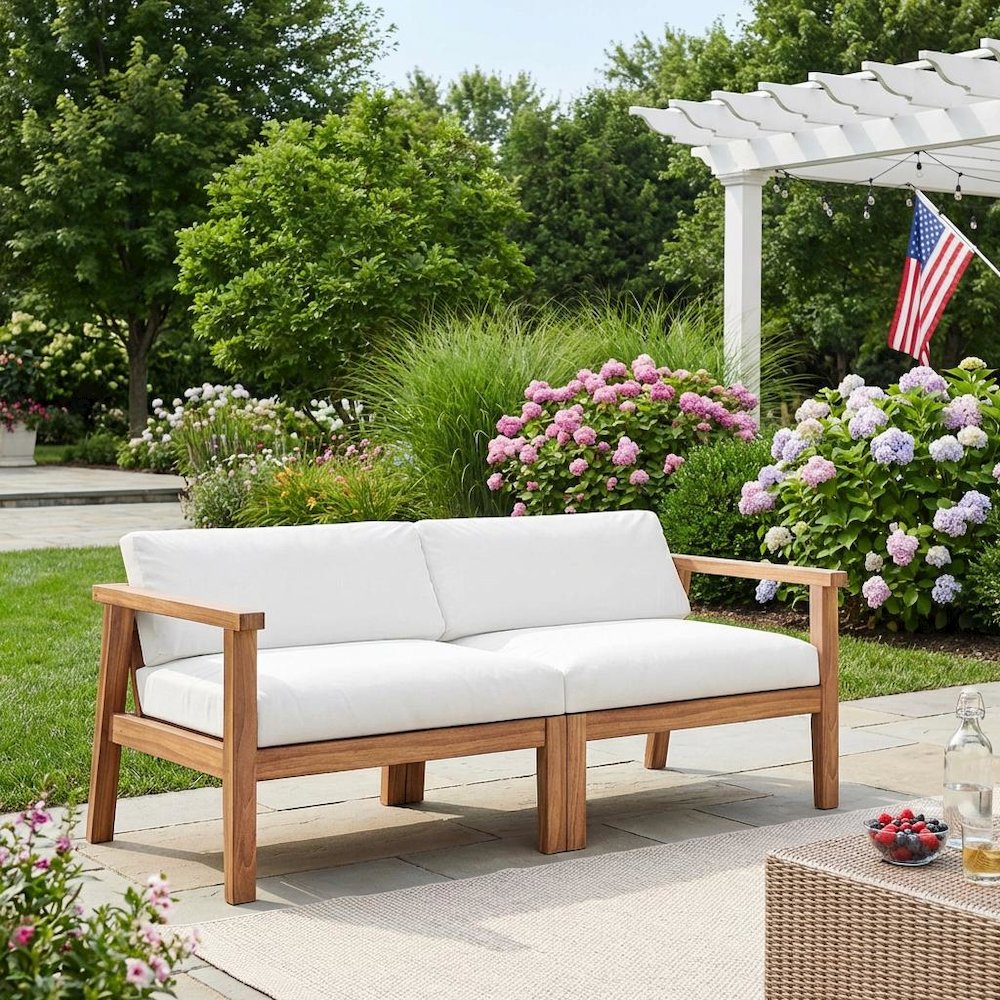 Outdoor Patio Teak Wood 2-Seater Loveseat With Armrest And Backrest. Picture 3