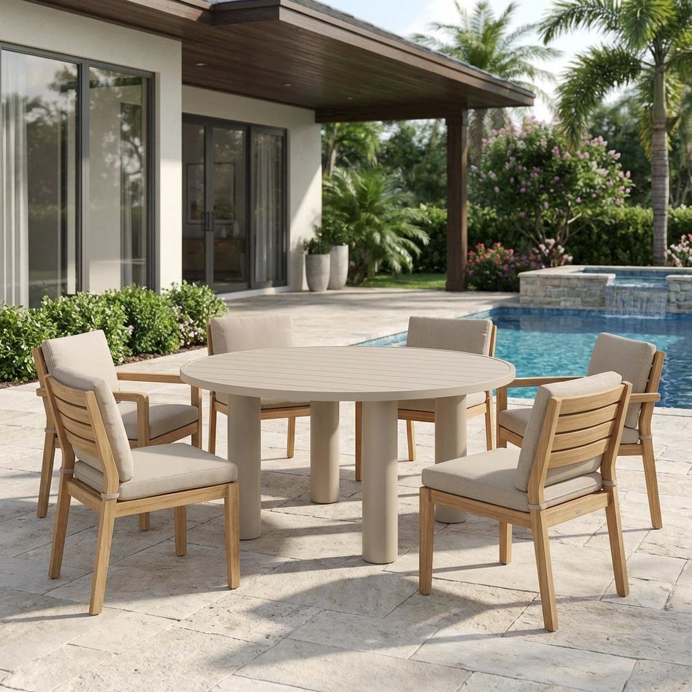 Aluminum Outdoor Dining Table with Round Top and Sturdy Base. Picture 3