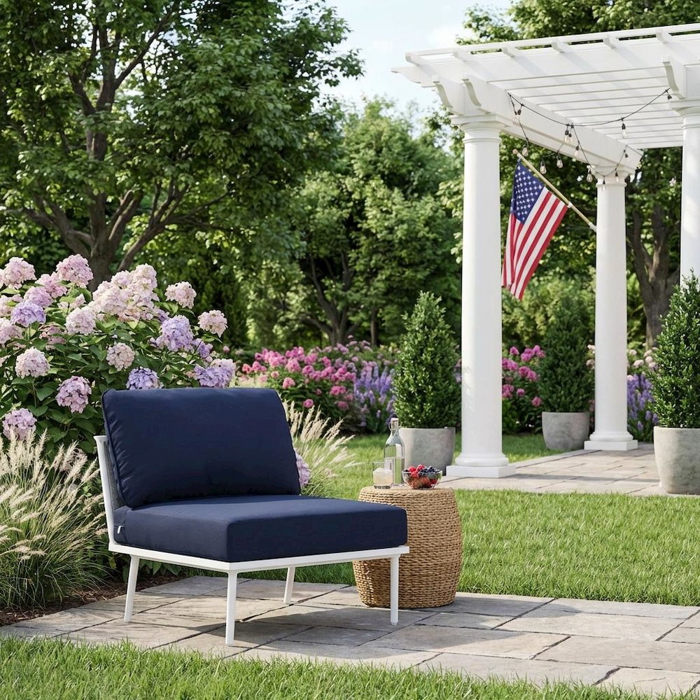 Armless Outdoor Lounge Chair With Aluminum Frame And Cushioned Seat. Picture 3