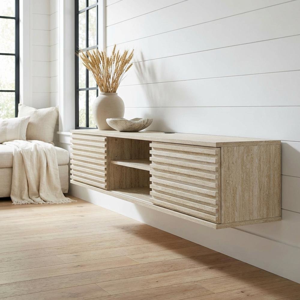 Gray faux wall-mount media console, solid construction, 70-inch design. Picture 2