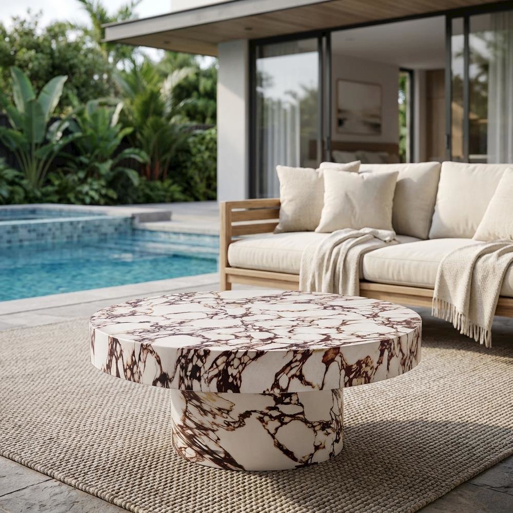 Concrete outdoor round coffee table with sturdy surface for patio decor. Picture 3