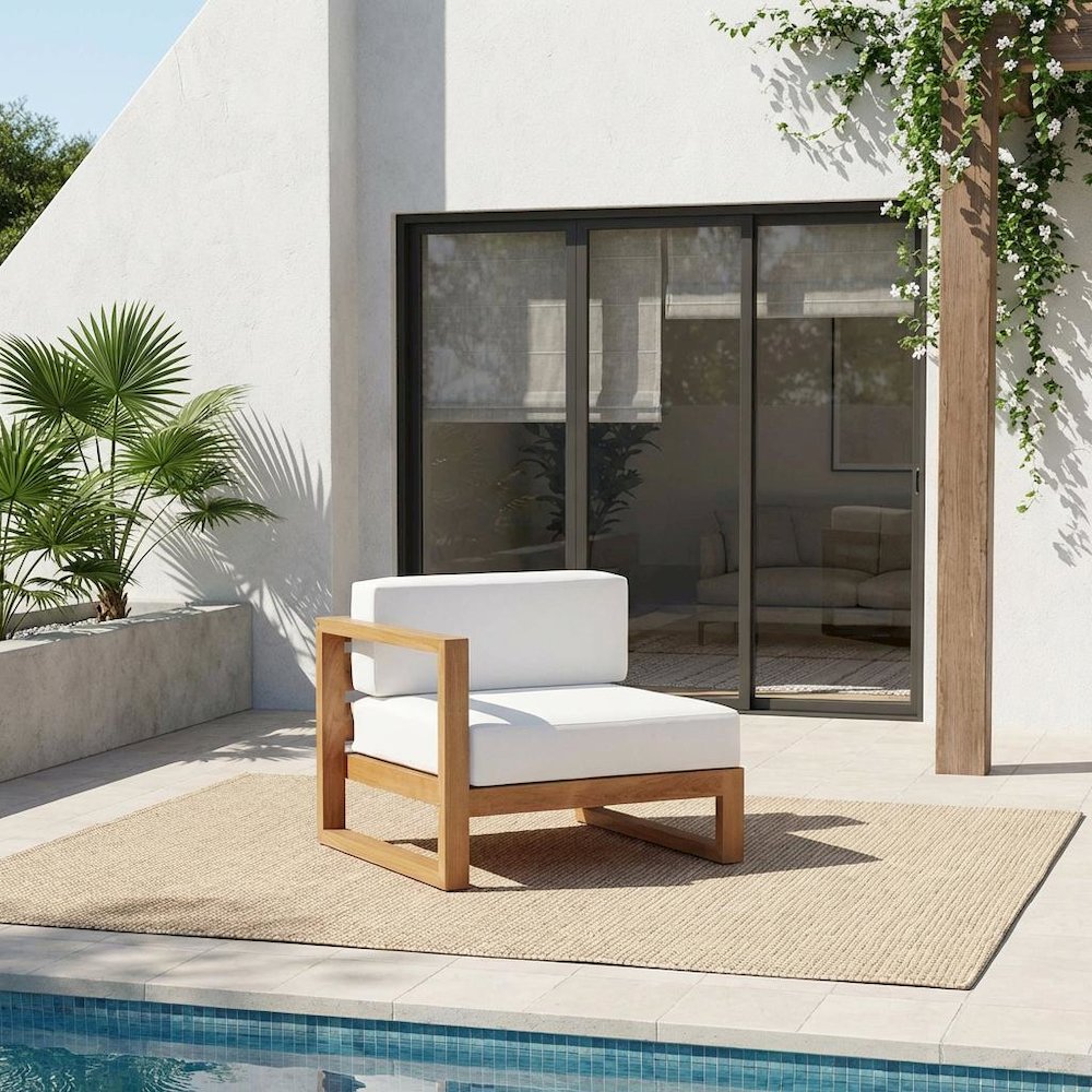 Outdoor Patio Teak Wood Left-Arm Lounge Chair With Cushioned Seat, Durable Frame. Picture 2