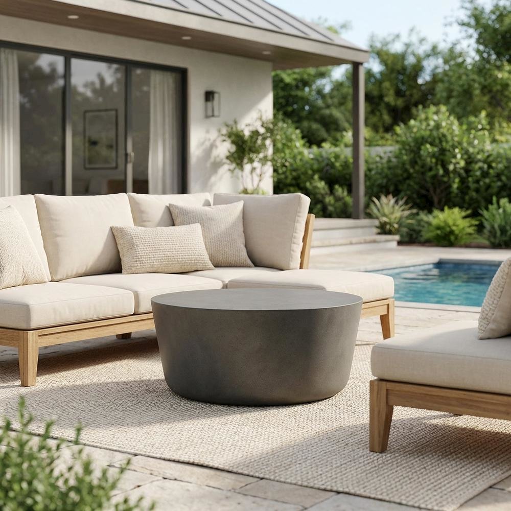 Round Concrete Outdoor Coffee Table, Weather-Resistant Design, Spacious Surface. Picture 3
