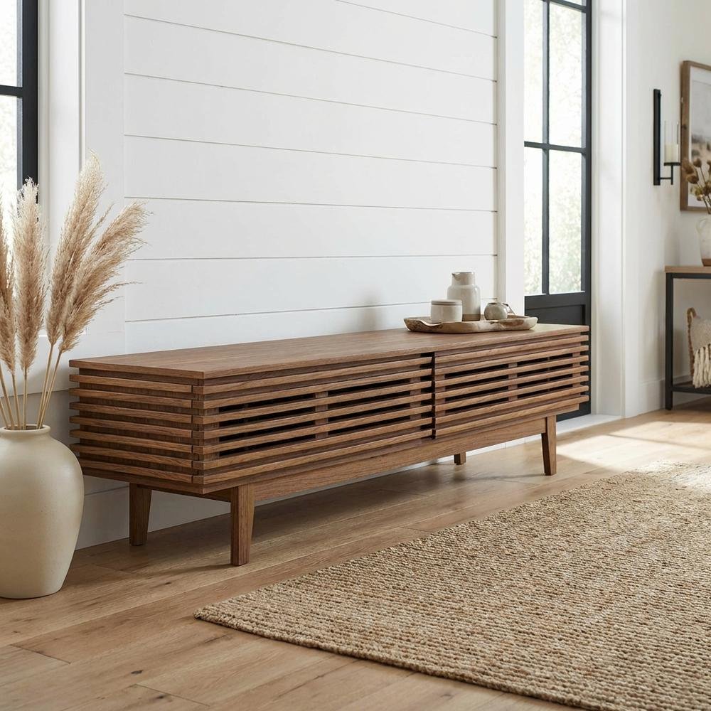 Brown wood TV stand with modern design and sturdy construction. Picture 2