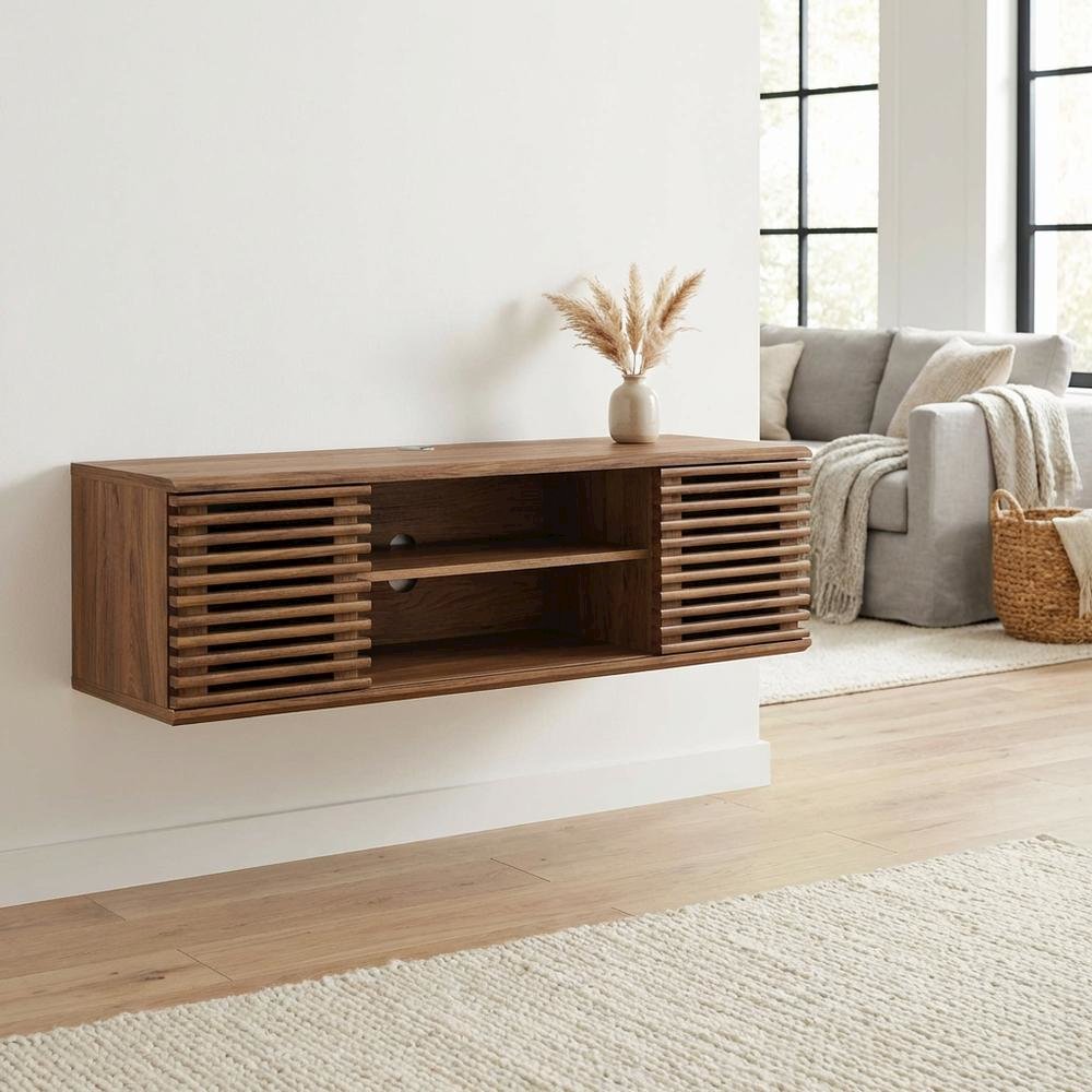 Wooden brown wall-mount TV console with sleek design and sturdy build. Picture 3