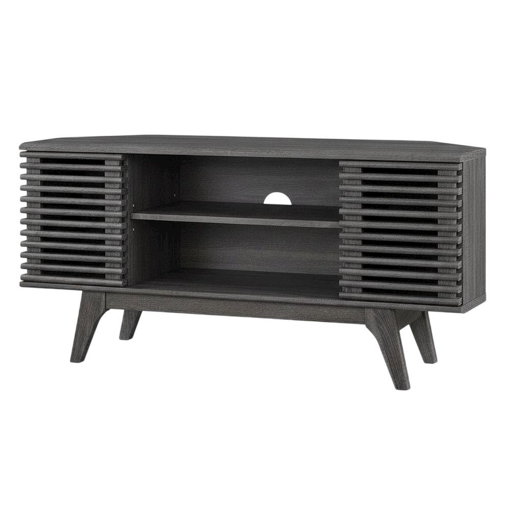 Gray wood corner TV stand with sleek design and sturdy construction. Picture 1