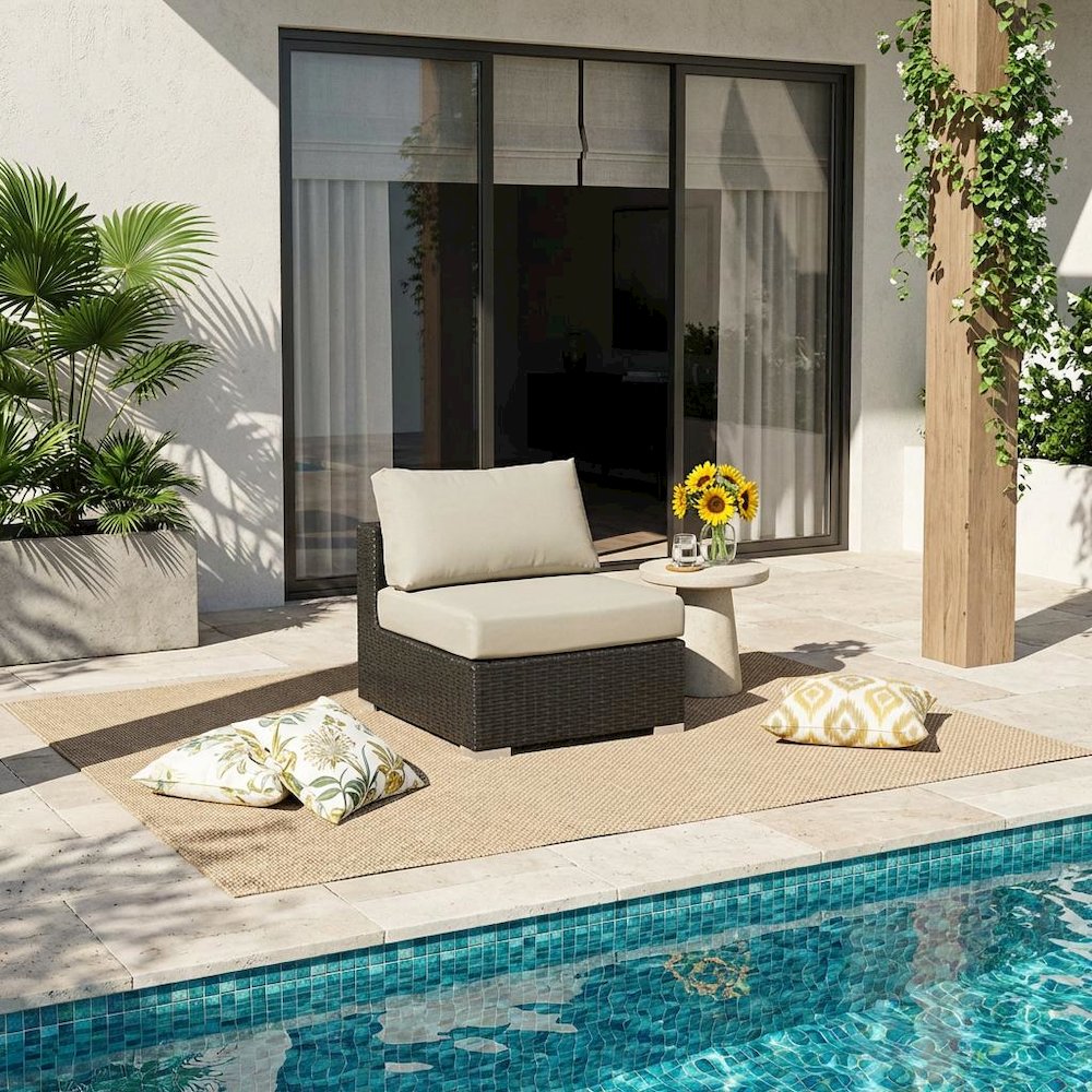 Armless Outdoor Lounge Chair With Cushioned Seat And Backrest. Picture 2