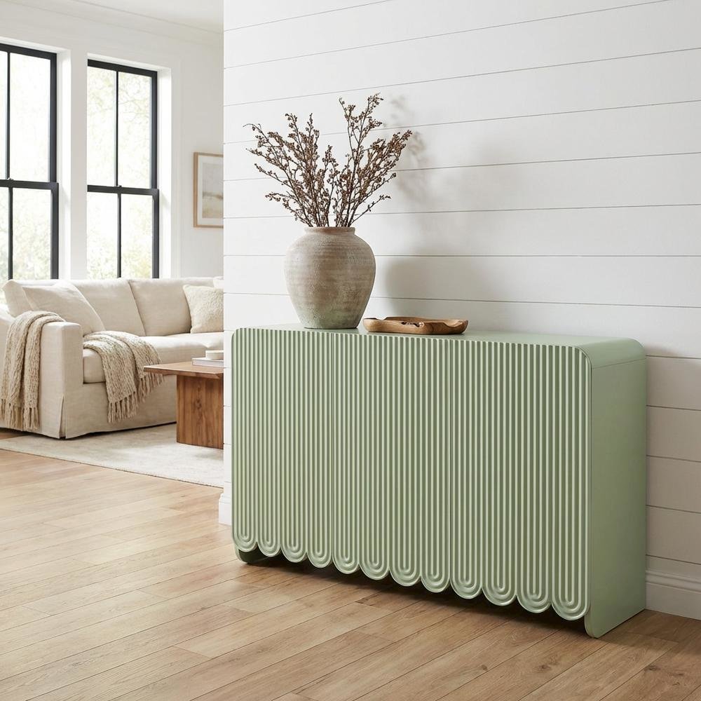 Scalloped And Fluted Storage Cabinet With Elegant Design In Neutral Finish. Picture 4