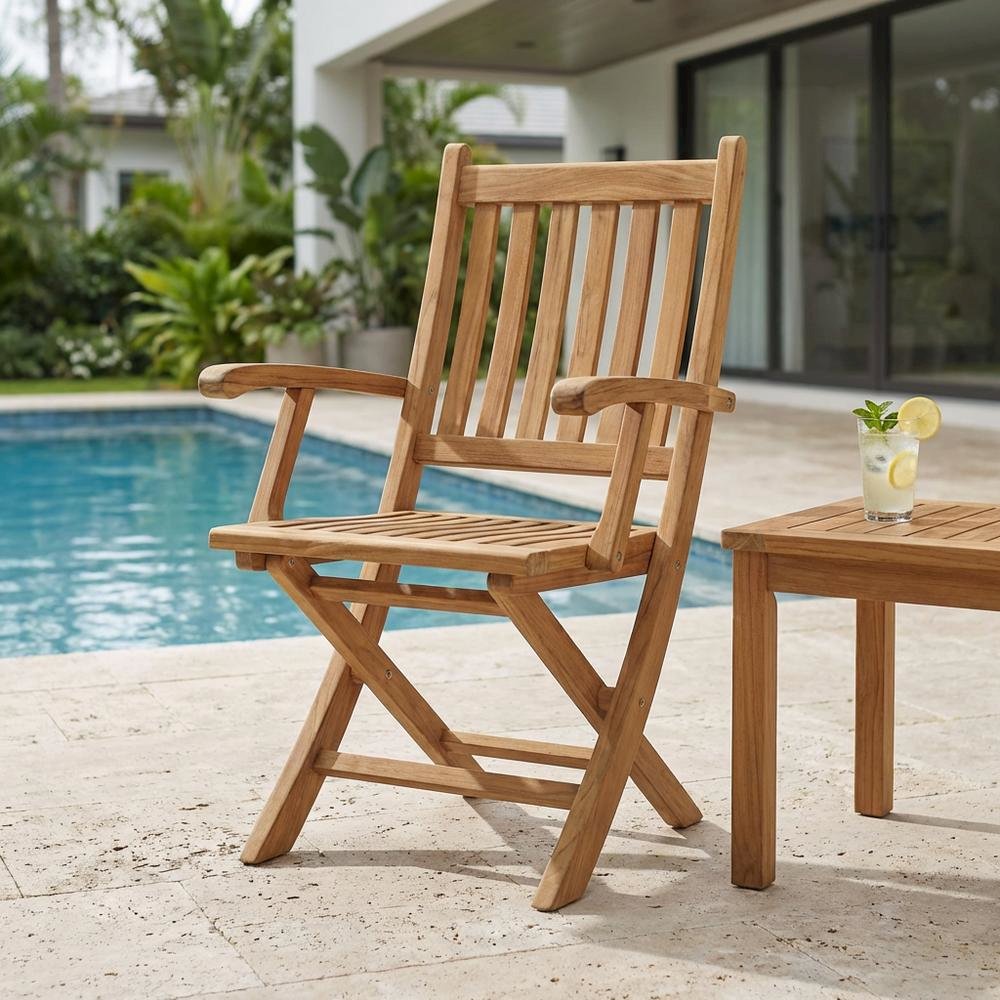 Elegant Teak Outdoor Folding Chair for Patio Dining with Armrests. Picture 3
