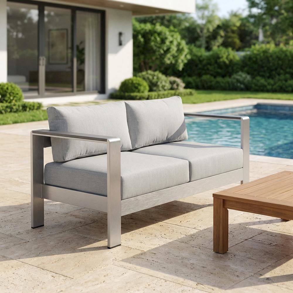 Aluminum Outdoor Loveseat With Sunbrella Fabric Cushions For Patio Relaxation. Picture 3