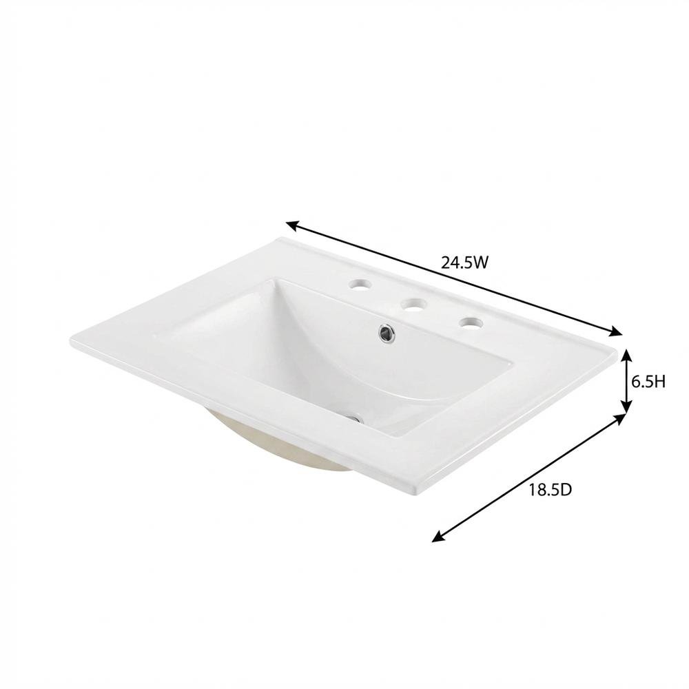 White 24-Inch Ceramic Bathroom Sink Top, Centerset Faucet Holes. Picture 7