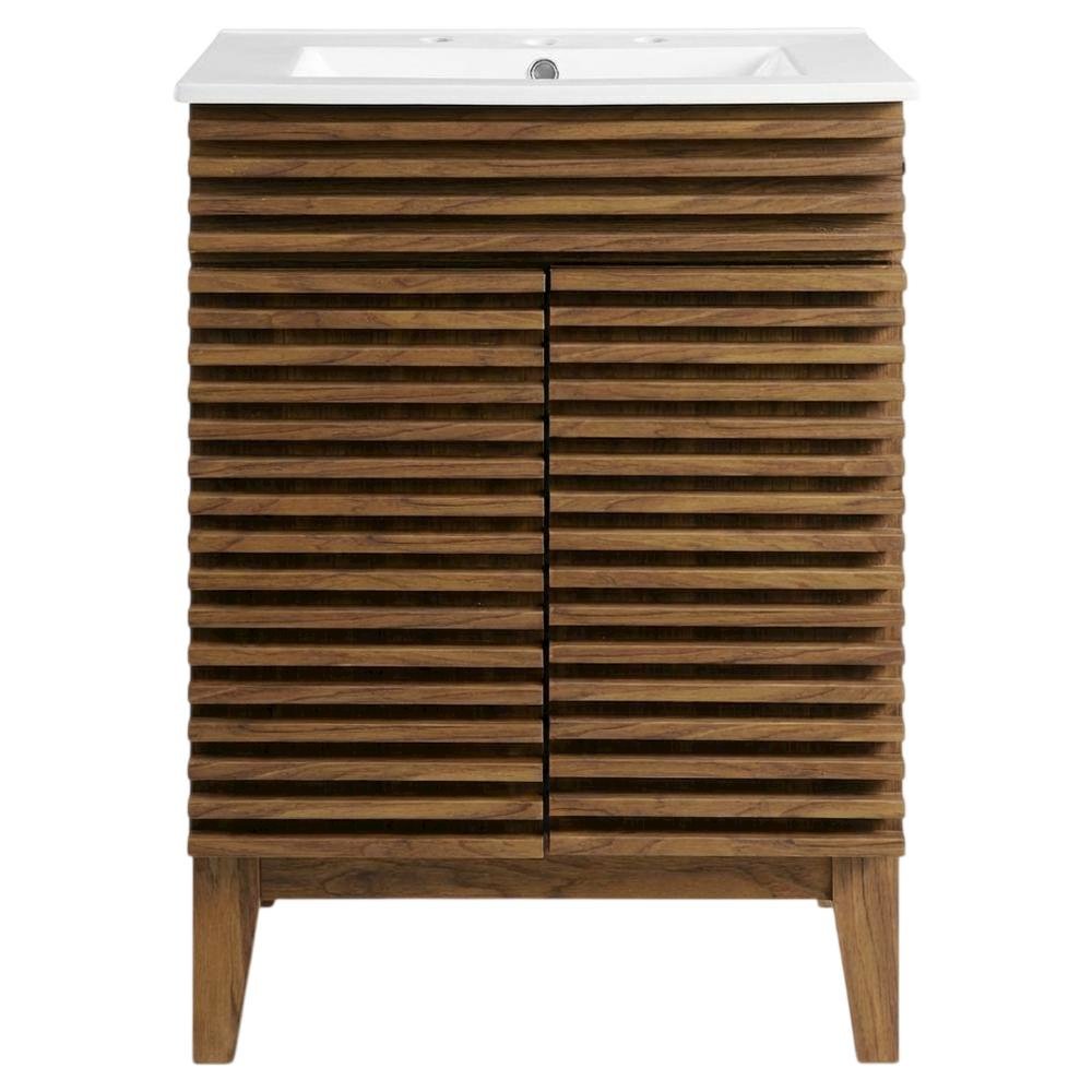 Walnut White 24-Inch Floor-Mount Bathroom Vanity with Ceramic Sink. Picture 4