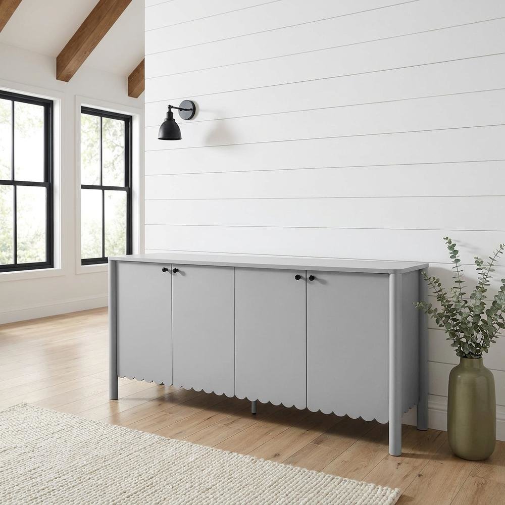 Wooden Scalloped 4-Door Sideboard Buffet Cabinet with Storage, Light Gray. Picture 2