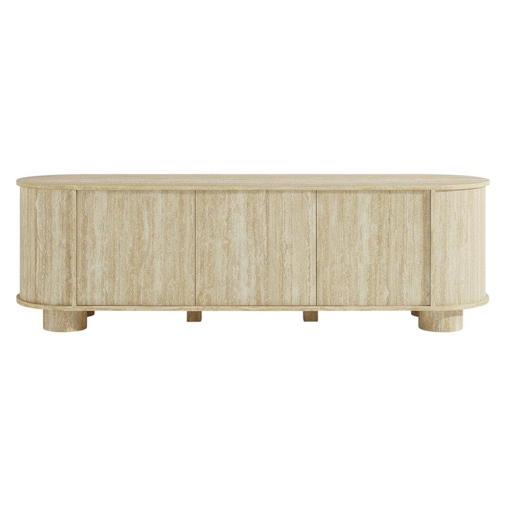 Gray Faux Travertine TV Stand with Solid Mango Construction. Picture 4