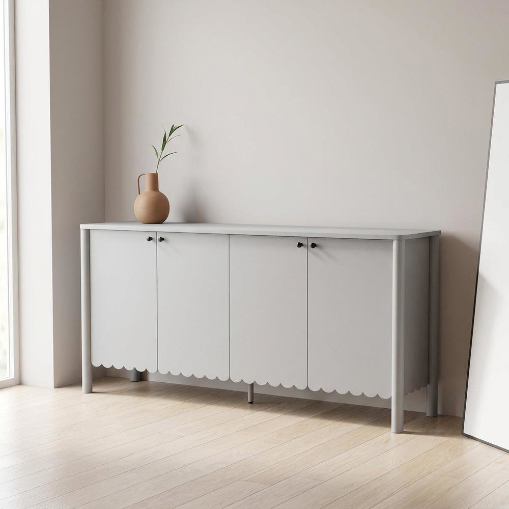 Wooden Scalloped 4-Door Sideboard Buffet Cabinet with Storage, Light Gray. Picture 3