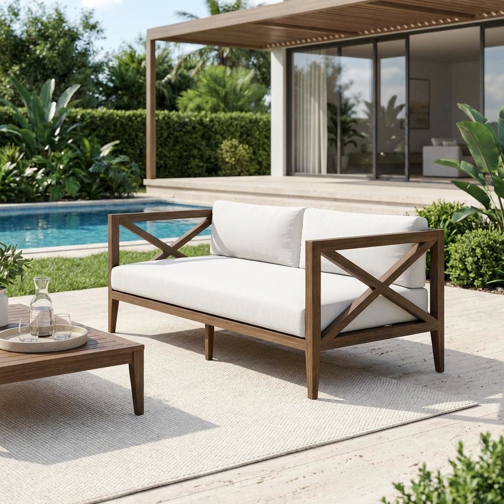 Teak Outdoor Loveseat for Patio with Armrests and Cushioned Seat. Picture 3