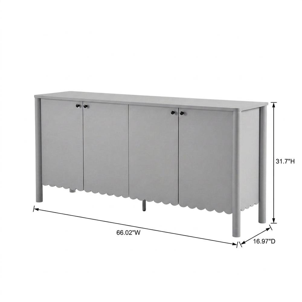 Wooden Scalloped 4-Door Sideboard Buffet Cabinet with Storage, Light Gray. Picture 4