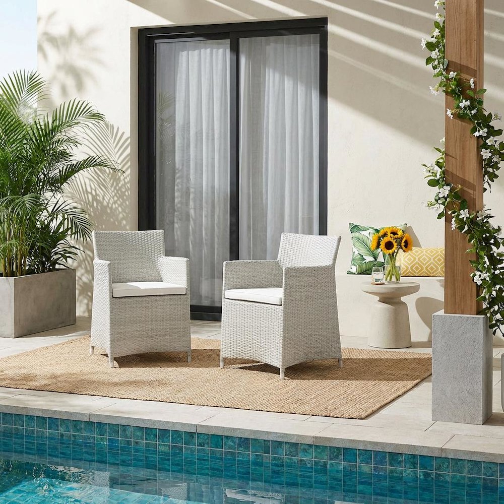 Set Of 2 Outdoor Wicker Lounge Chairs With Cushions And Armrests. Picture 2