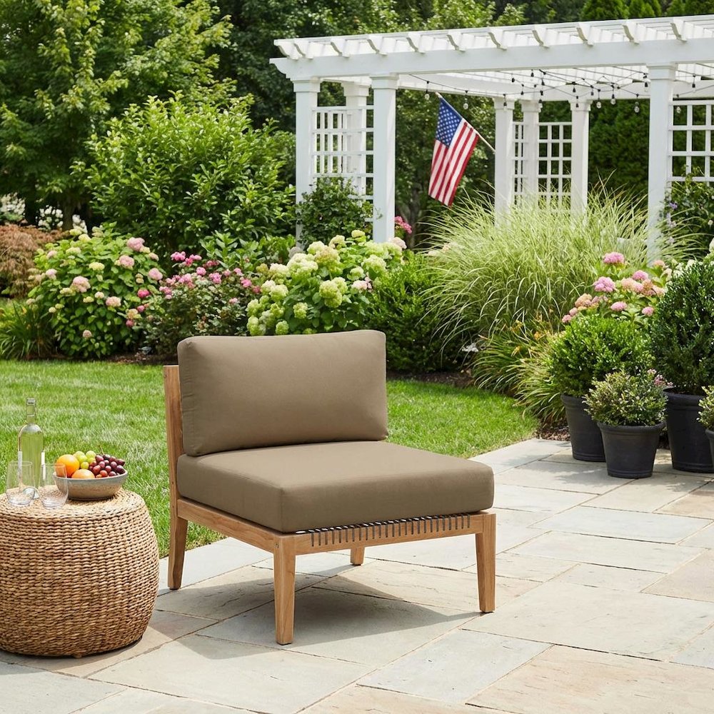 Teak Wood Outdoor Lounge Chair With Armless Design And Cushioned Seat. Picture 3