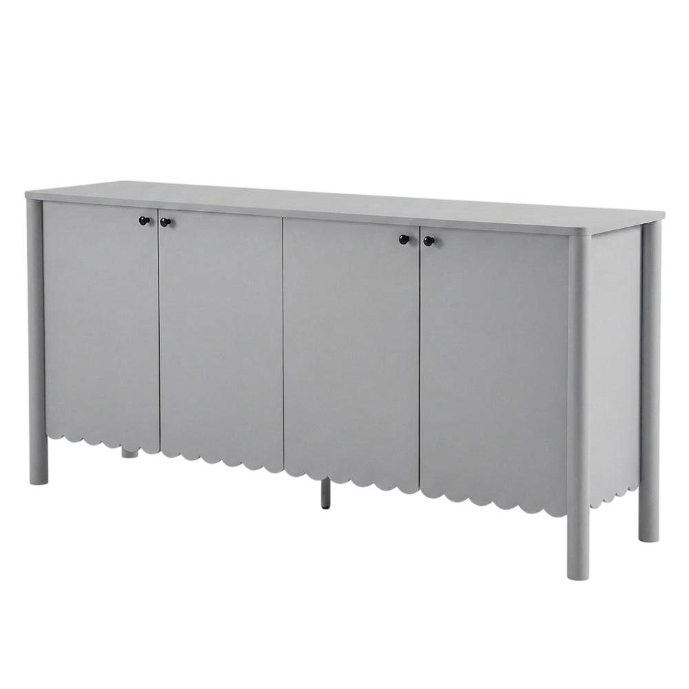 Wooden Scalloped 4-Door Sideboard Buffet Cabinet with Storage, Light Gray. Picture 5