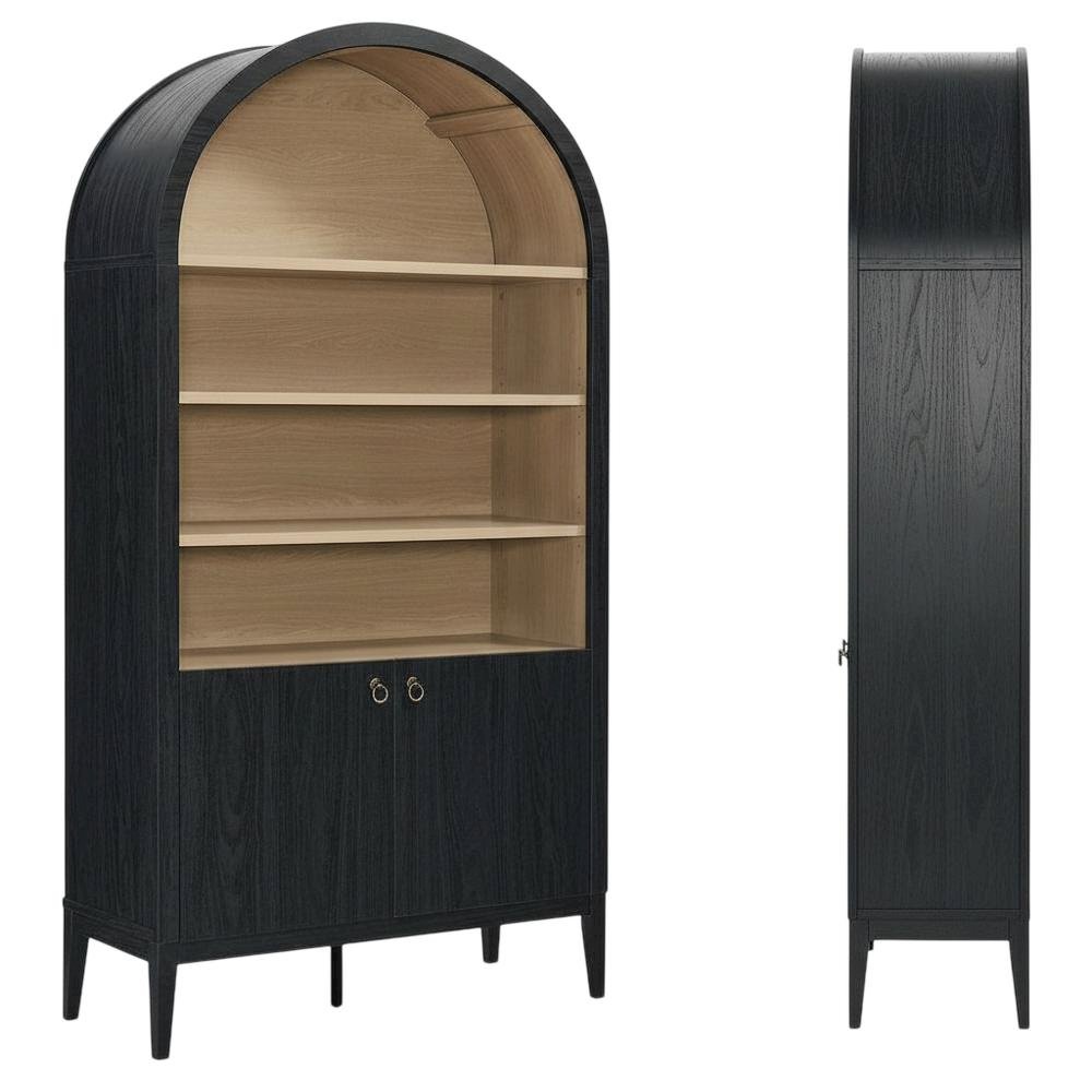 Black tall storage display cabinet with arched design and spacious shelves. Picture 1