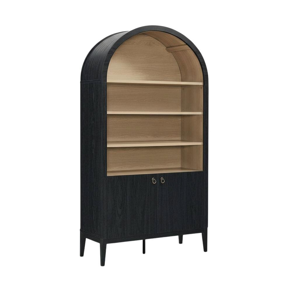 Black tall storage display cabinet with arched design and spacious shelves. Picture 4