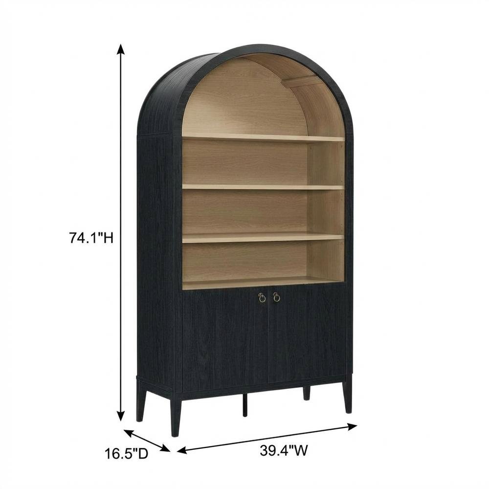 Black tall storage display cabinet with arched design and spacious shelves. Picture 7