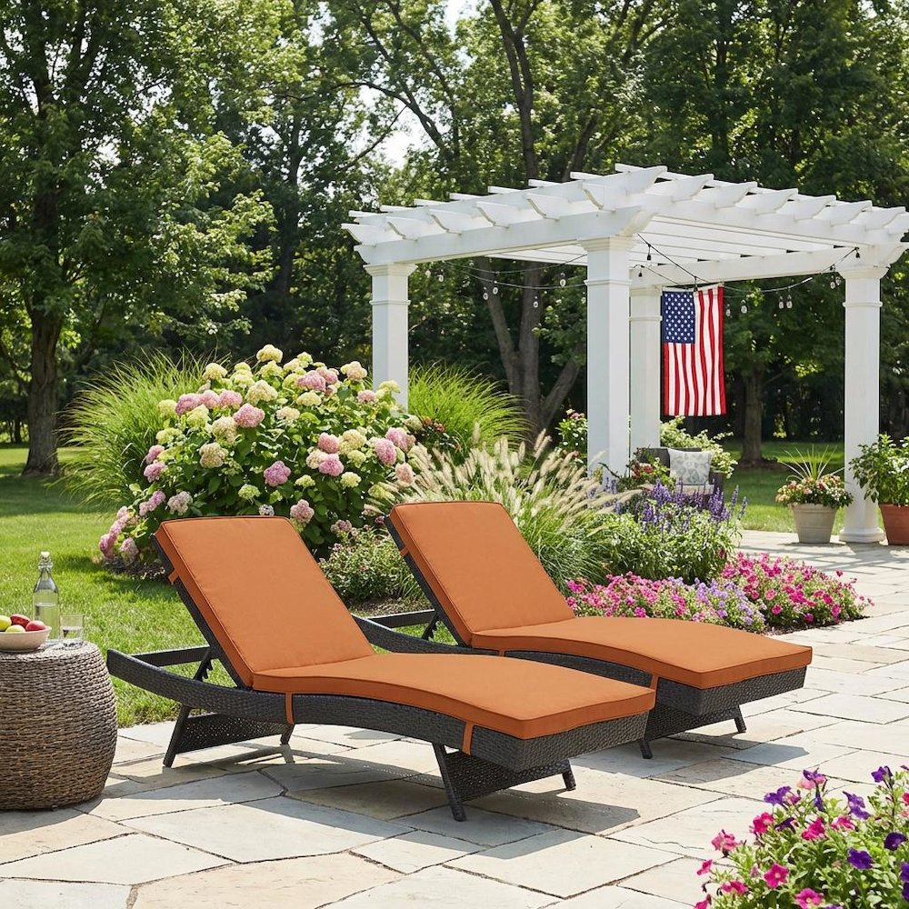 Outdoor Patio Chaise Set Of 2 With Cushioned Lounge Chairs For Garden, Poolside. Picture 3