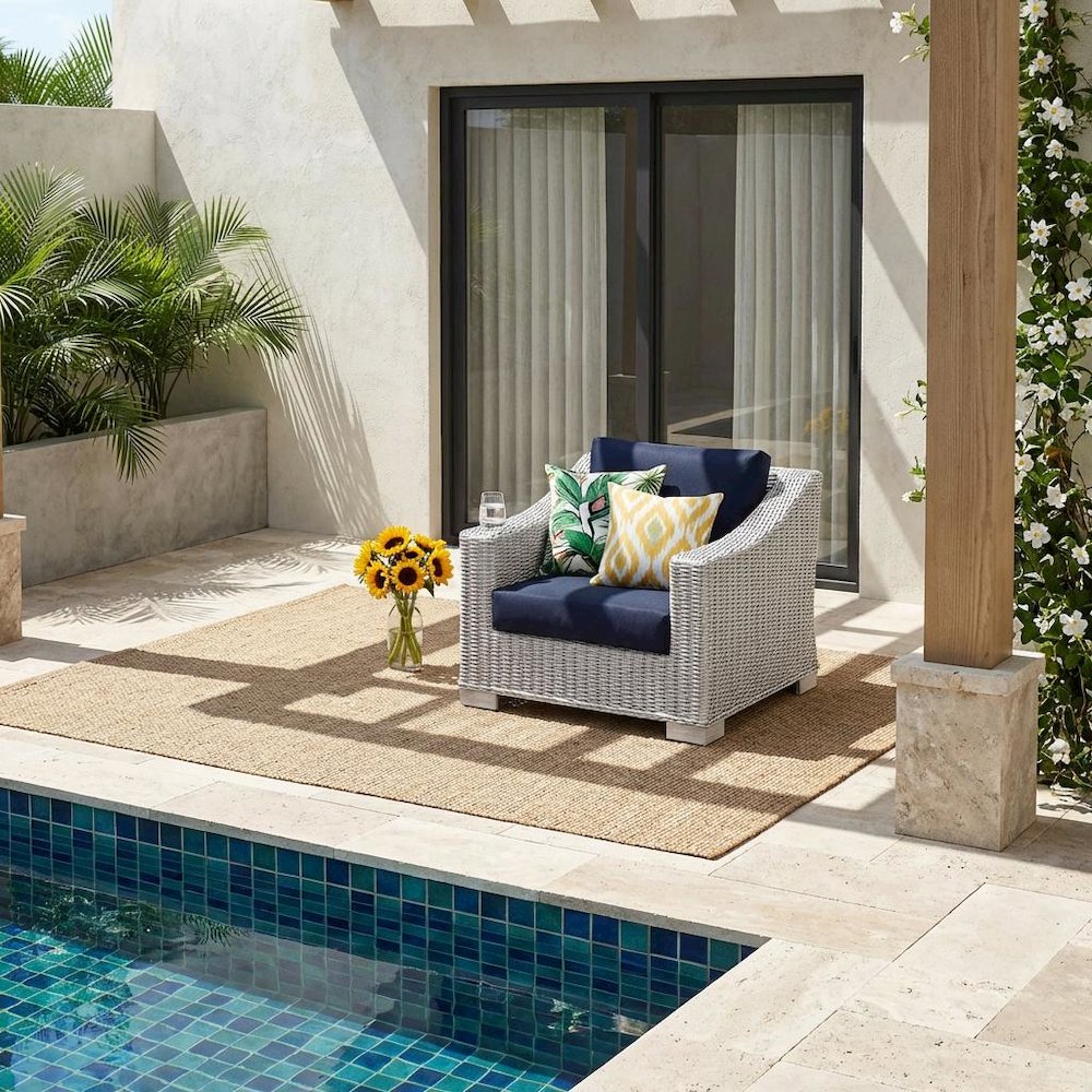 Outdoor Patio Wicker Rattan Armchair With Cushioned Seat And Armrests. Picture 2