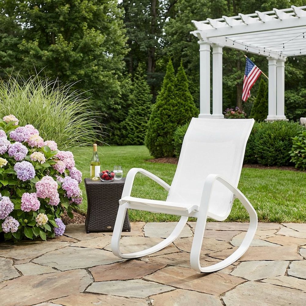 Sun-Resistant Patio Sling Lounge Chair With Cushioned Seat And Armrests. Picture 3