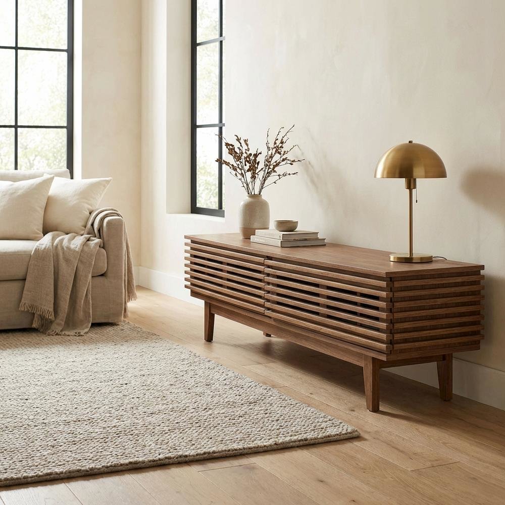 Brown wood TV stand with modern design and sturdy construction. Picture 3