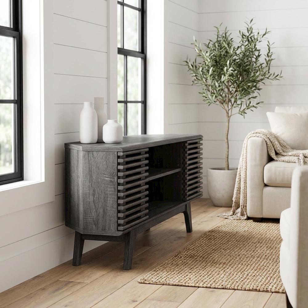 Gray wood corner TV stand with sleek design and sturdy construction. Picture 2