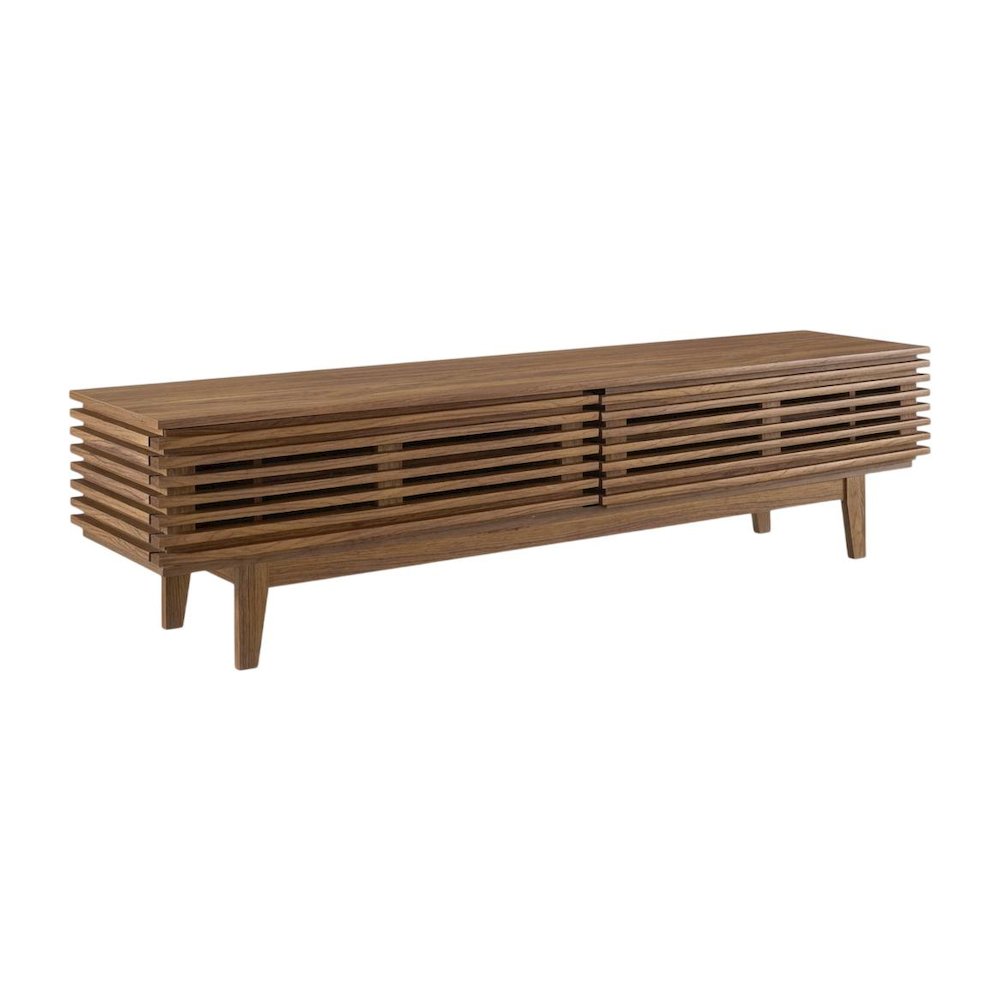 Brown wood TV stand with modern design and sturdy construction. Picture 1